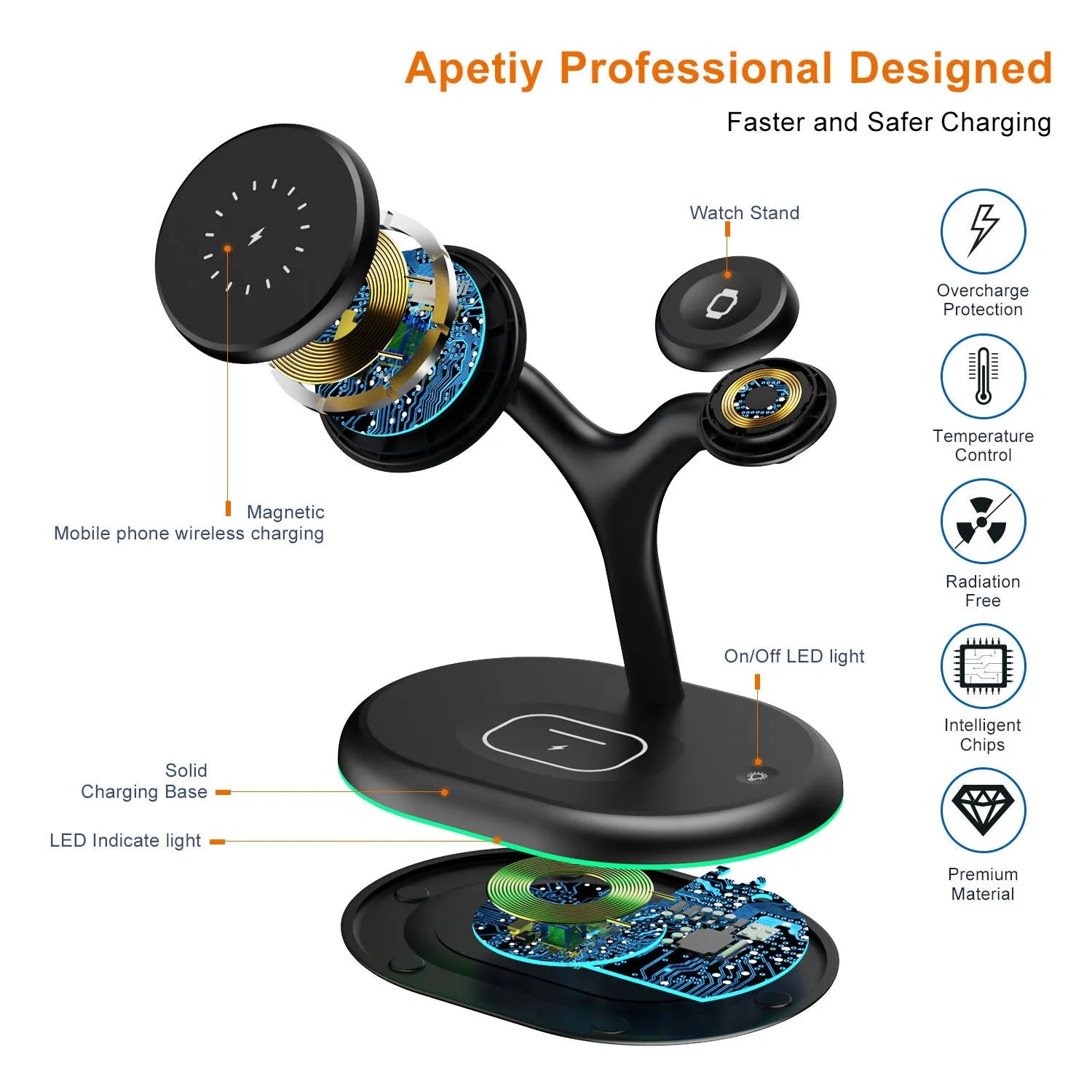 Black magnetic wireless charger with simple design on solid background