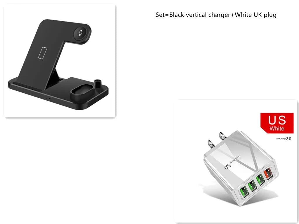 4-in-1 wireless charging station with phone, Apple Watch, and AirPods on adjustable magnetic stand