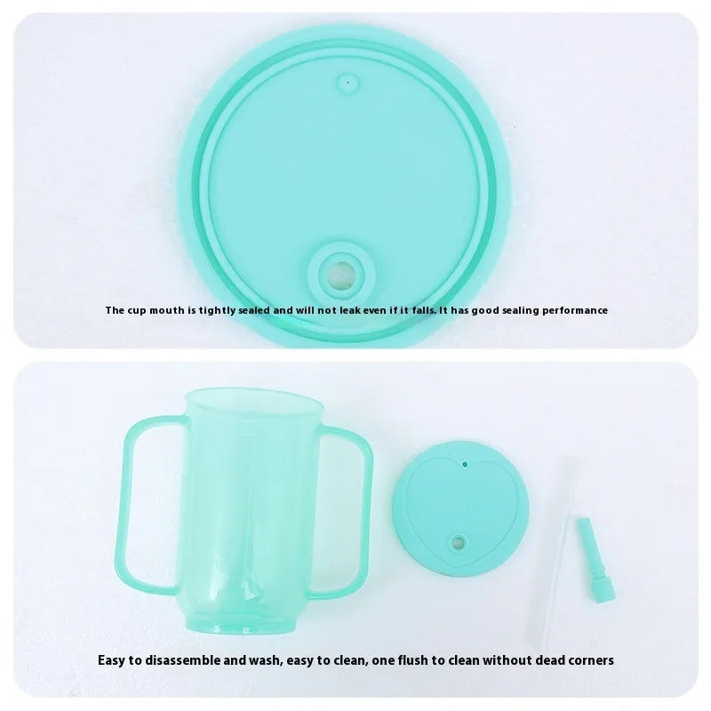 Bedside drinking cup with slanted mouth, handle, and optional wrist splint for adult care
