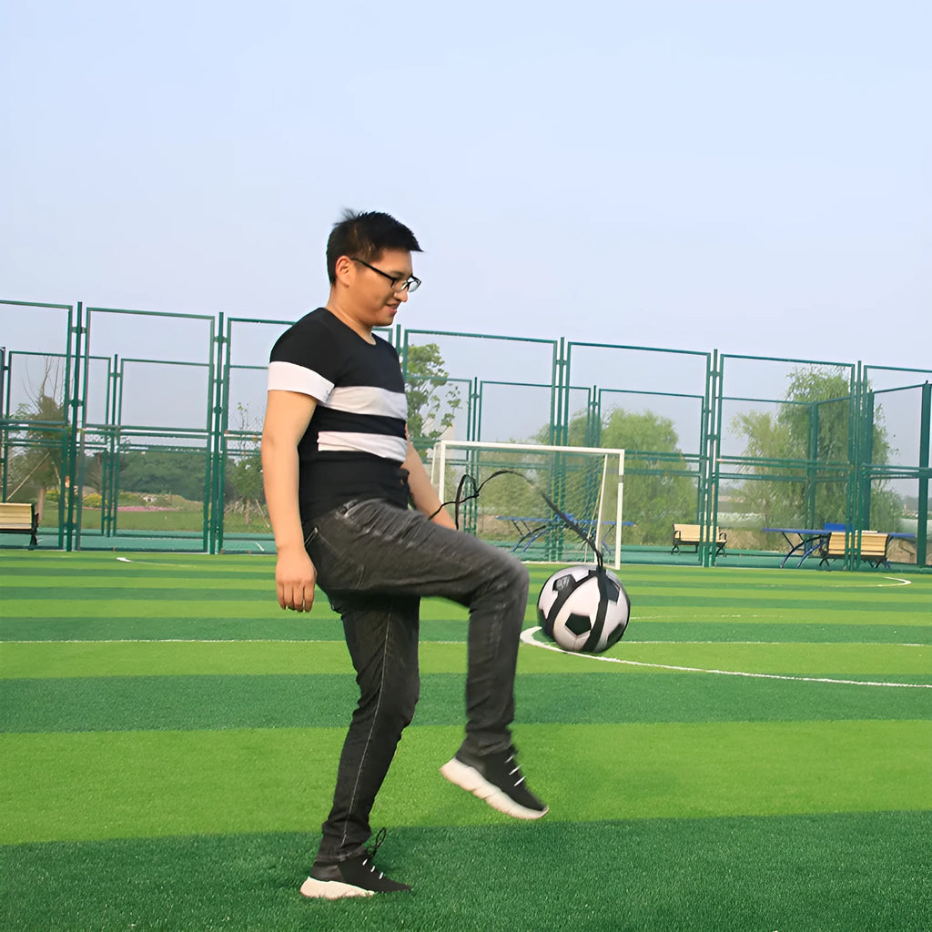 Black football training juggling belt made from diving suit fabric, shown at its full 2-metre length.