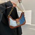 Brown denim women's bucket shoulder bag with chain straps and diamond mesh detailing