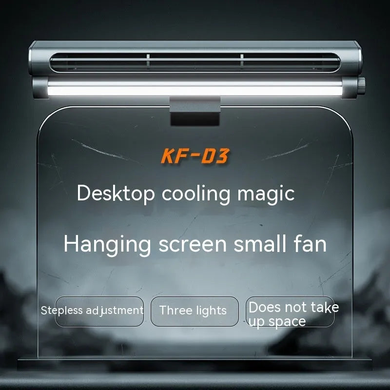Black bladeless computer fan with screen clamp and integrated lighting lamp, showing USB connection