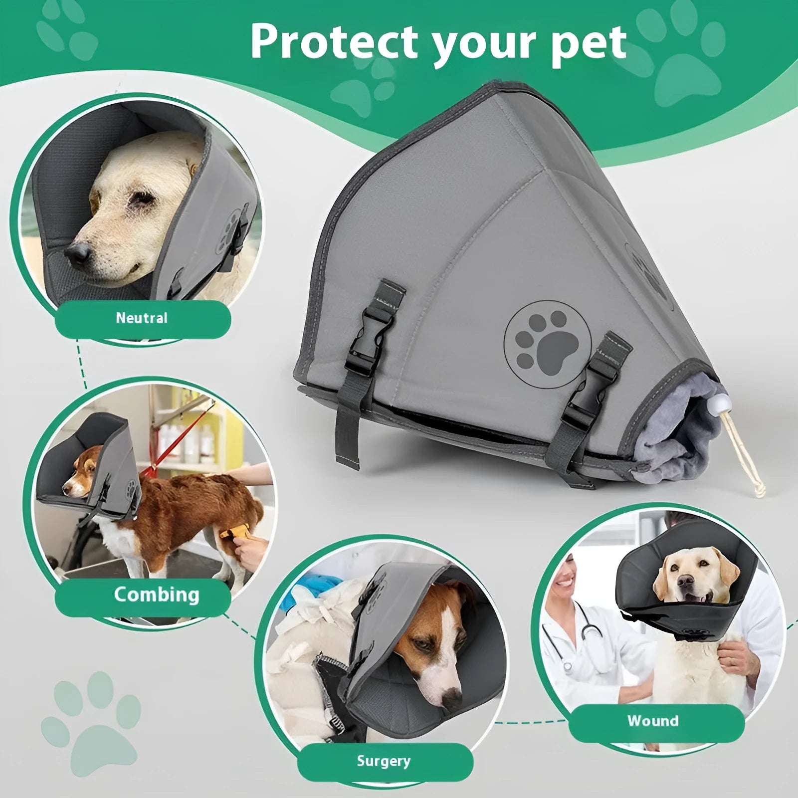 Adjustable pet sterilisation collar in polyester material showing double layer and single layer options