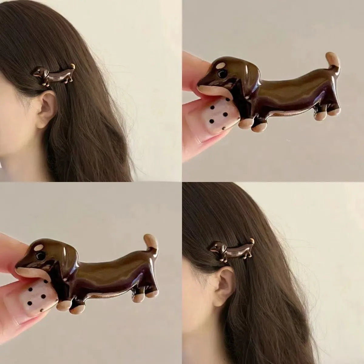 Dachshund dog design hair barrettes with electroplated finish, available as single clip or pair