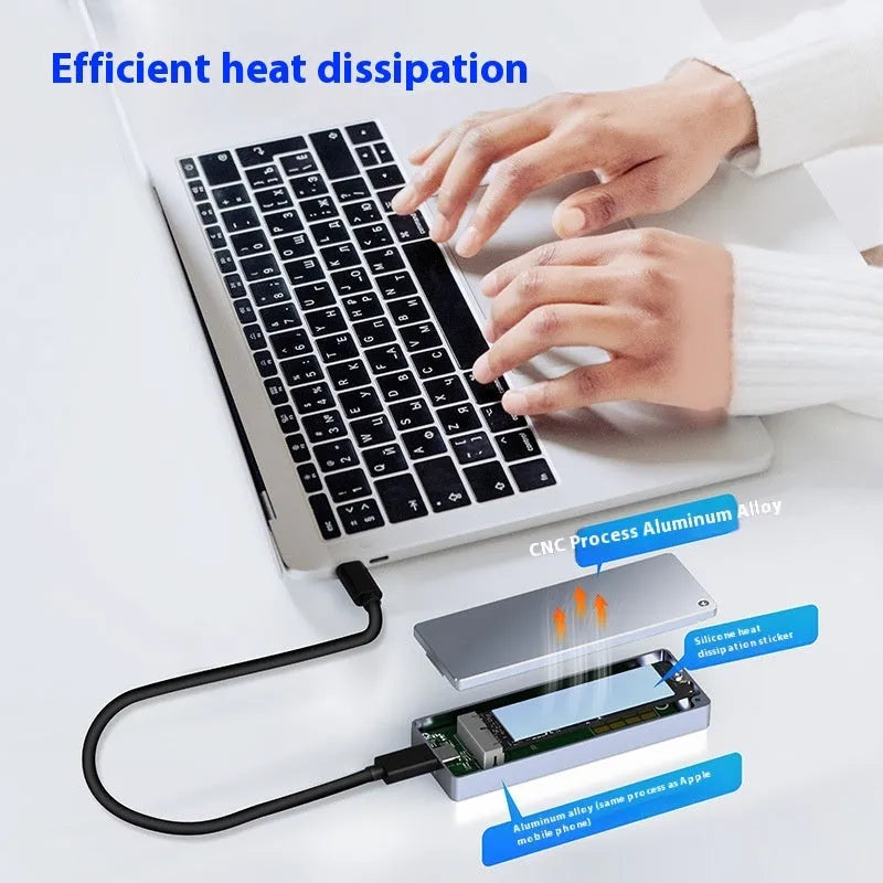 M.2 NVMe to USB-C external solid state drive enclosure with aluminium alloy housing and cooling accessories