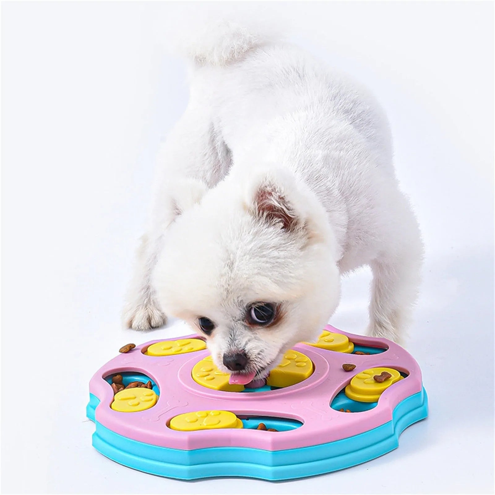 Blue interactive dog food puzzle bowl toy for aggressive chewers with slow feeder design.