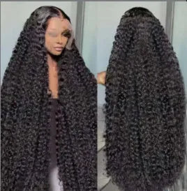 Black long curly lace afro wig on a stand showing wound tube construction.