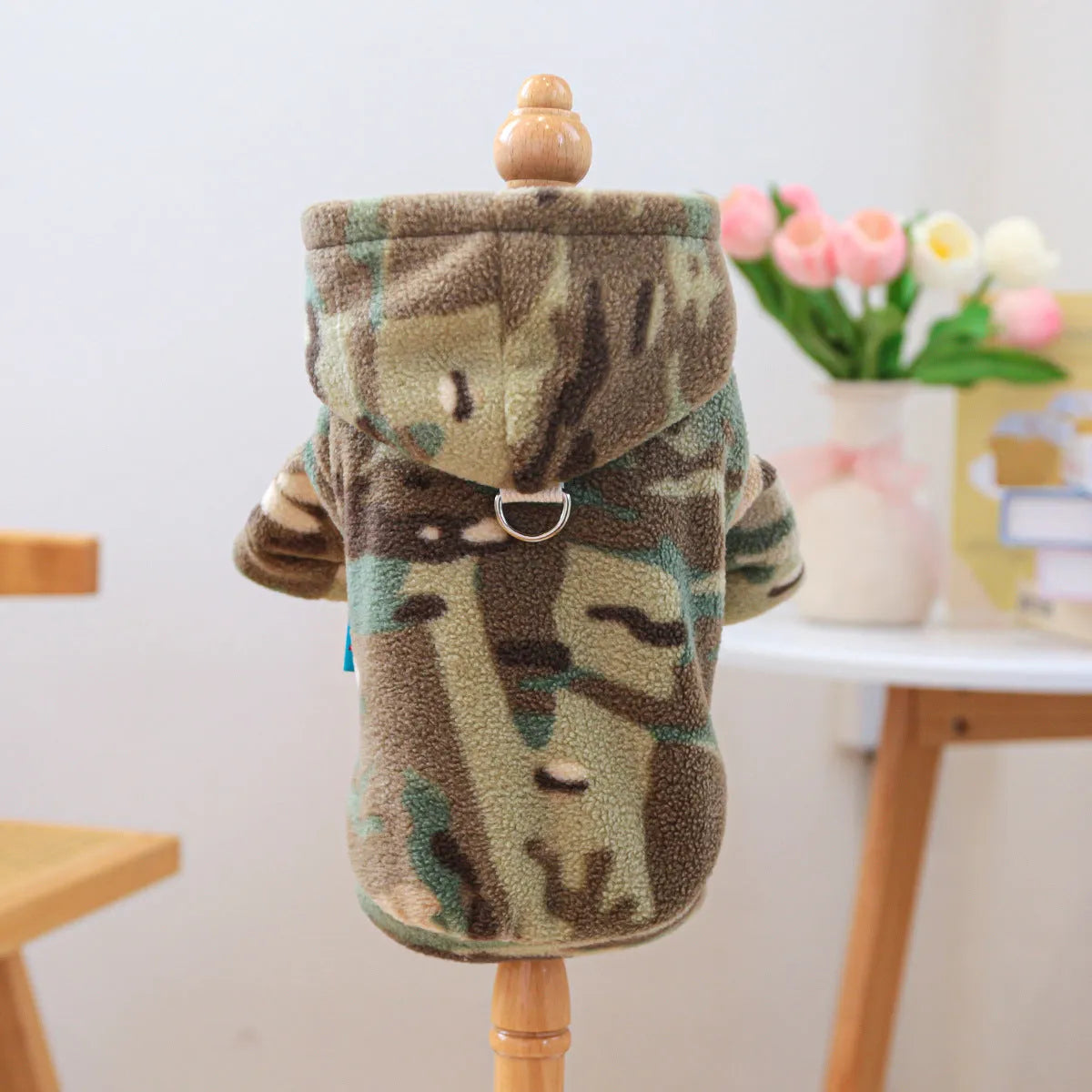 Camouflage polyester dog sweater on display, available in sizes XS to XL for dogs up to 9kg