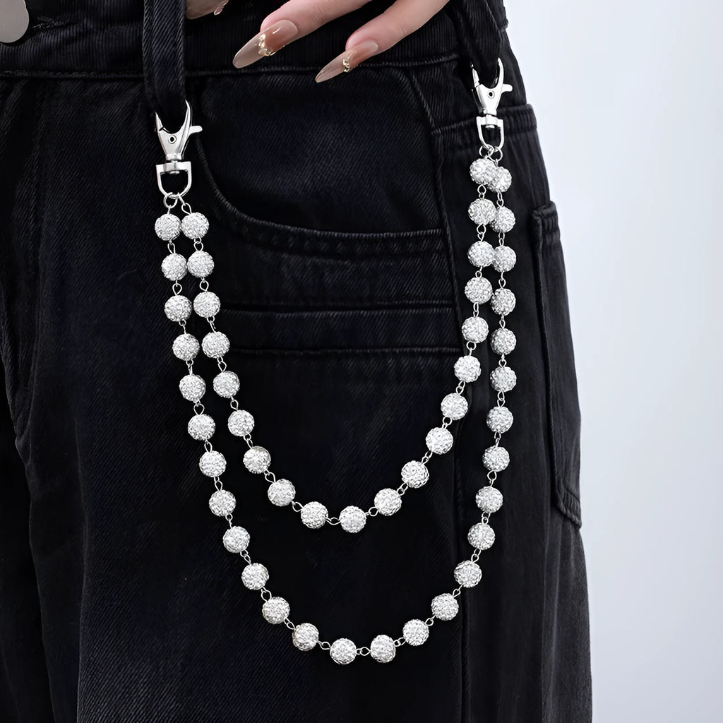 Alloy hip hop waist chain with diamond ball zipper detail, 115cm length, black colour option on display