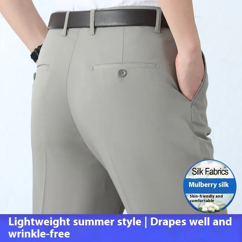 Man's straight-leg high-waisted business trousers in a mulberry silk blend fabric.