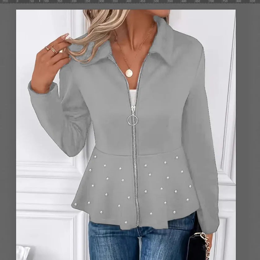 Women's solid-colour beaded coat with a ruffled hem and heavy-duty zipper in a loose fit.