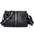 Black genuine leather one-shoulder crossbody bag showing front view and dimensions