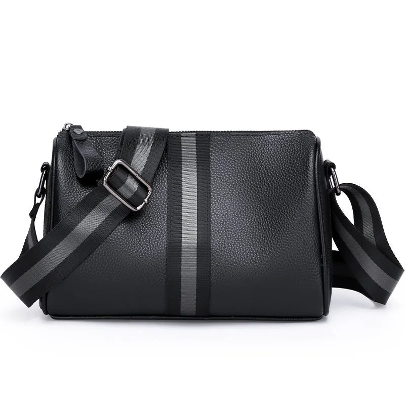 Black genuine leather one-shoulder crossbody bag showing front view and dimensions