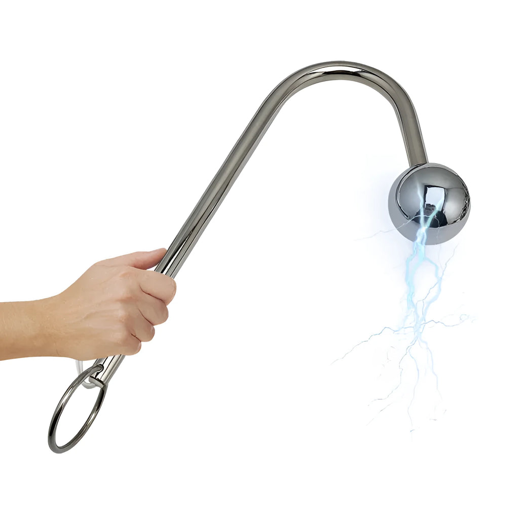 Silver metal stainless steel electric shock couple toy with three round bead sizes on a dark surface