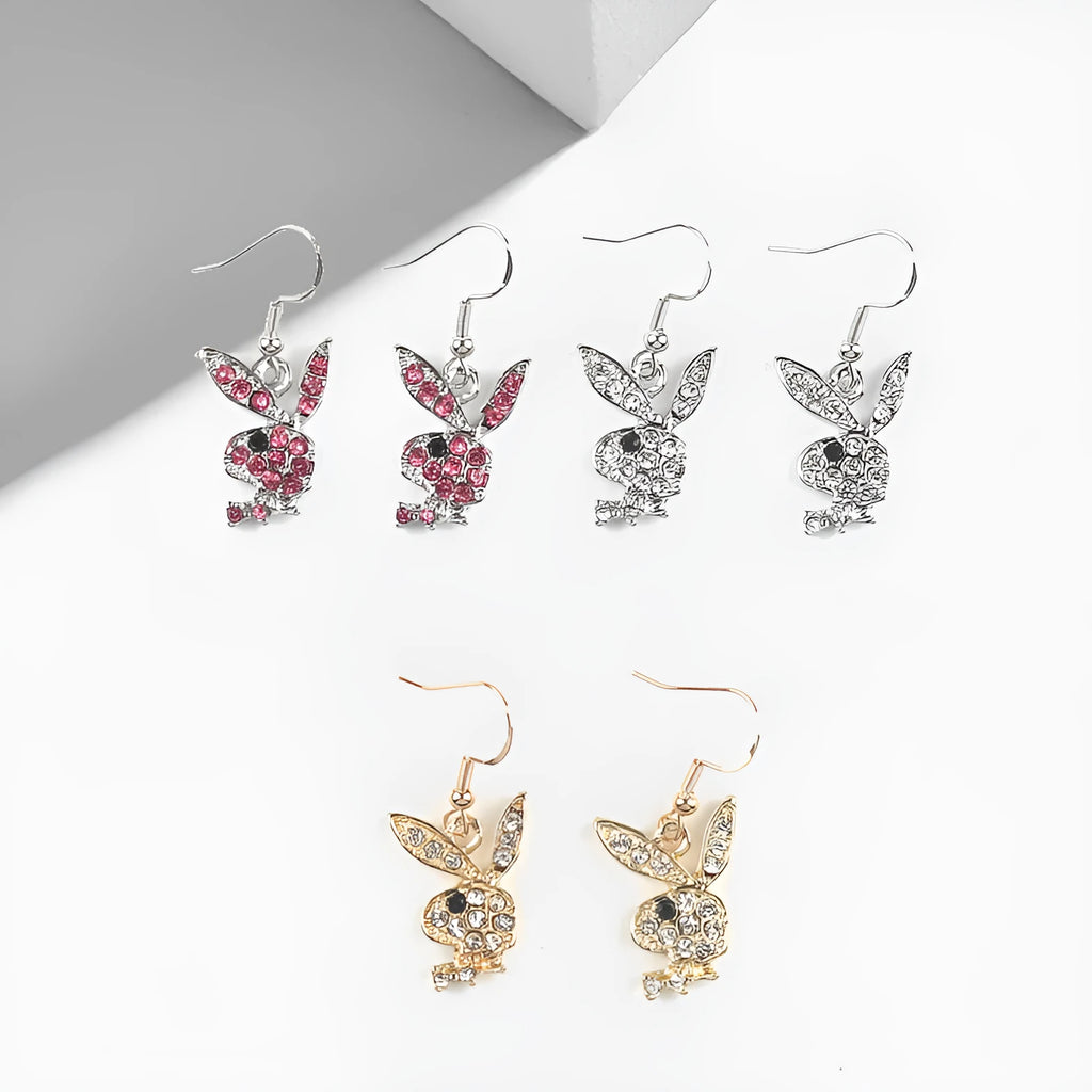 Full diamond rabbit stud earrings in silver, pink or gold with alloy construction and constellation design