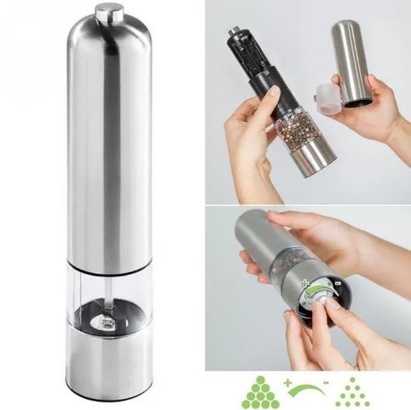 Stainless steel electric pepper grinder on a kitchen countertop.