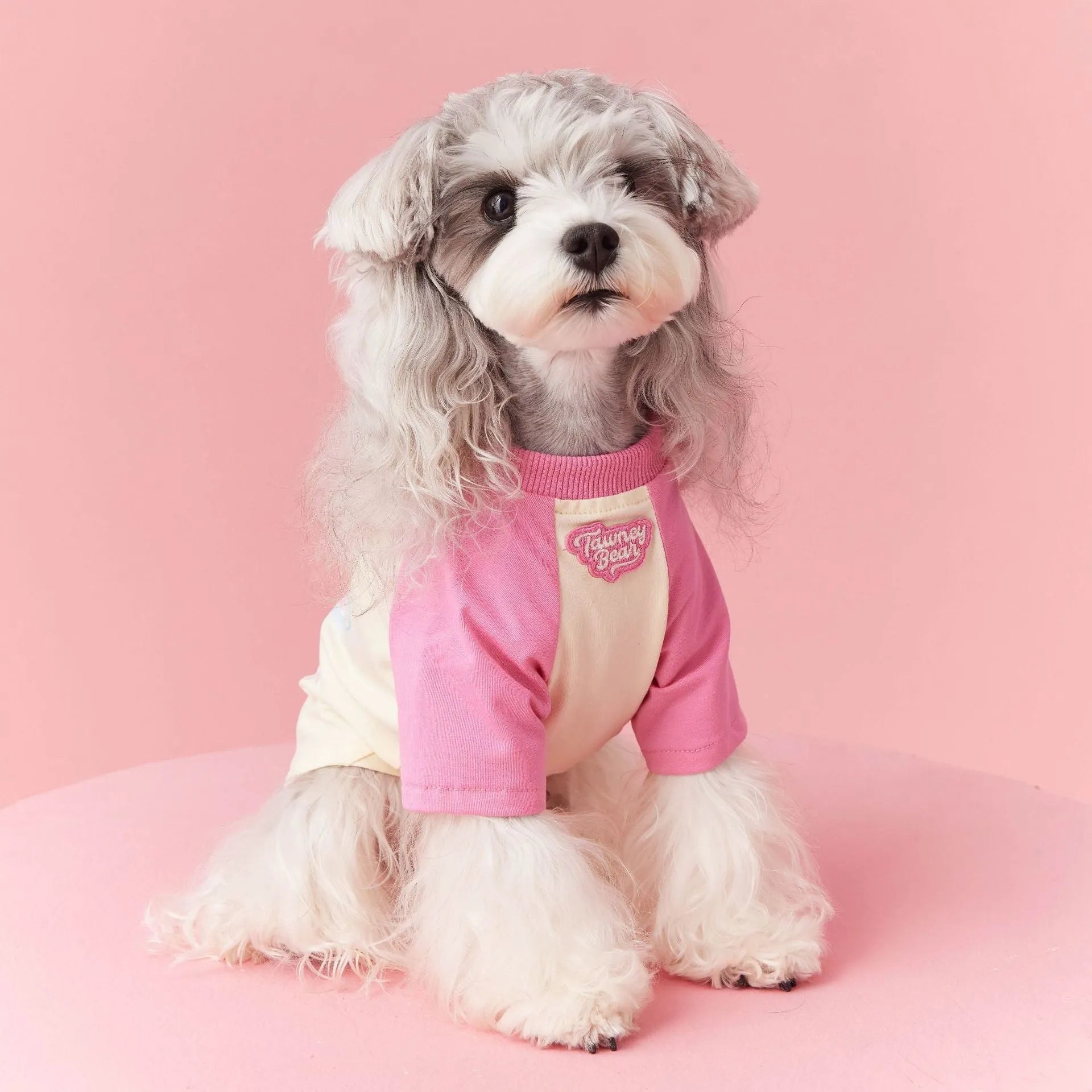 Red cotton dog summer clothes with contrast embroidery, shown on a mannequin.