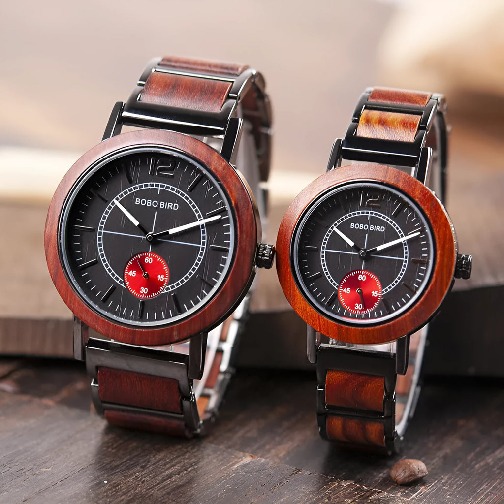 BOBO BIRD couple wooden watch set with natural wood case, Hardlex mirror, men's and women's sizes, R12 model