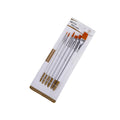 Set of six watercolour acrylic paint brushes with wood handles on a white background.