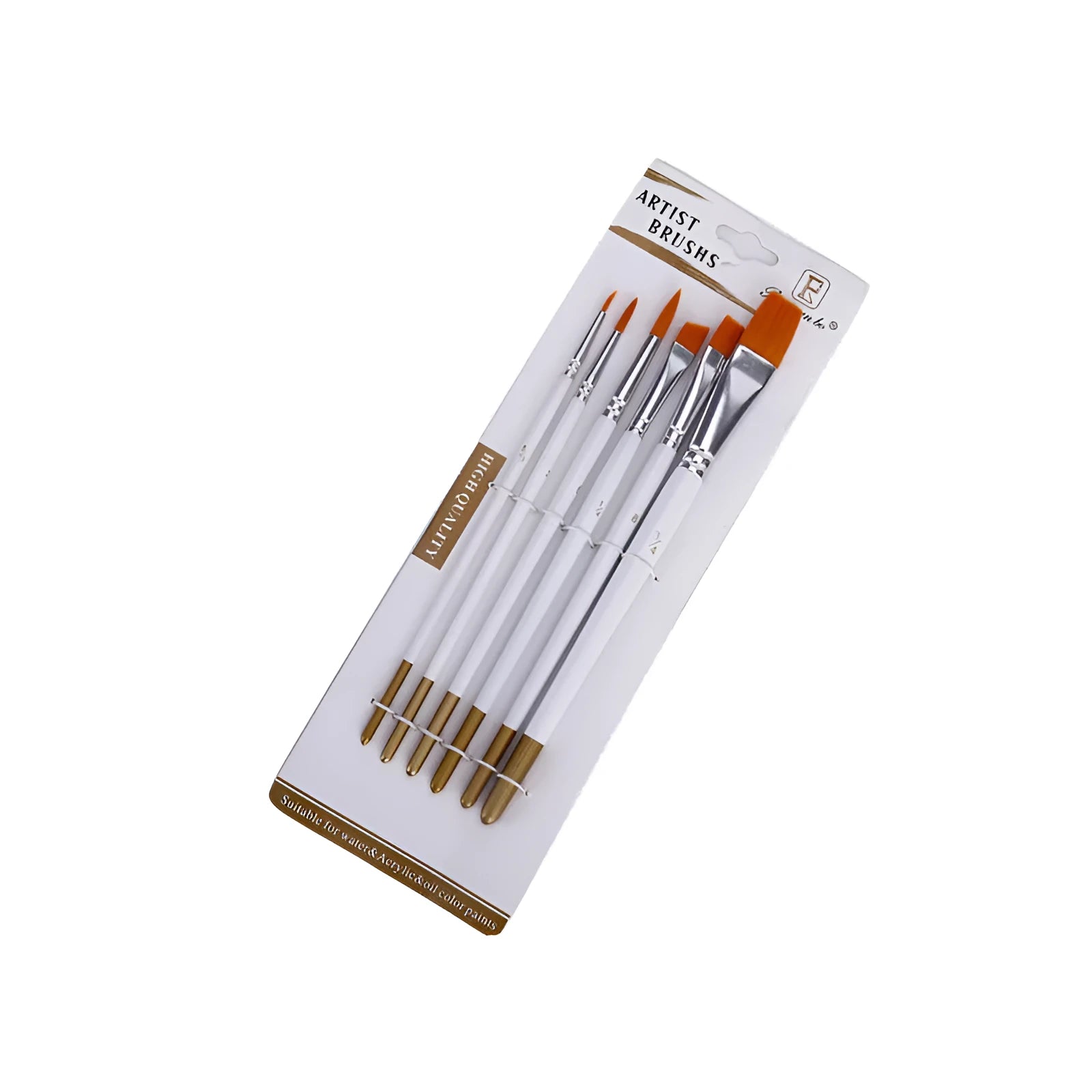 Set of six watercolour acrylic paint brushes with wood handles on a white background.
