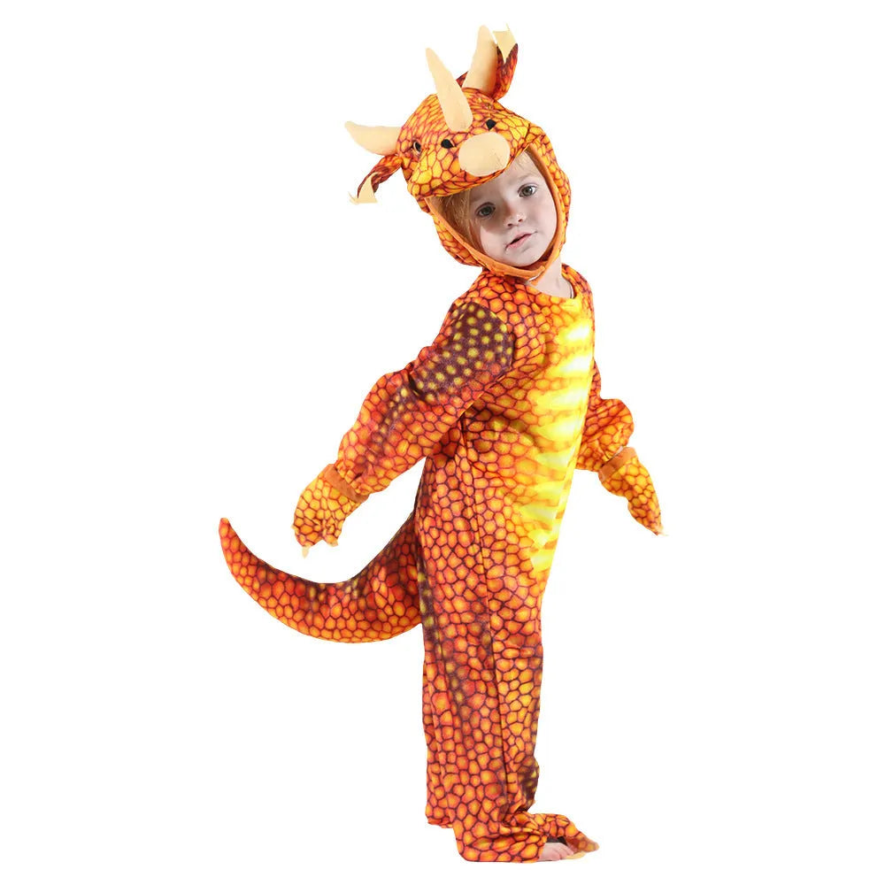 Children's Triceratops dinosaur Halloween costume jumper in polyester fabric, available in multiple colours and sizes