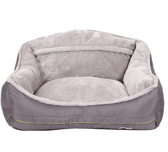 Grey dog sofa bed with raised edges and polyester cover, shown in XL size