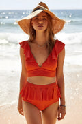 Ruffled women's one-piece swimsuit in lotus leaf design with steel pad, available in red