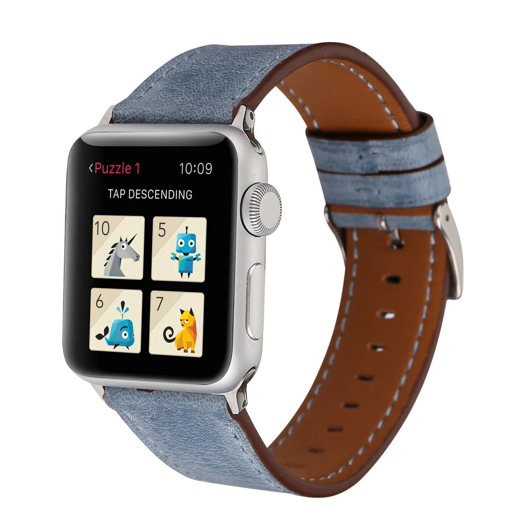 Leather watch strap with a folding buckle shown in multiple colour options.