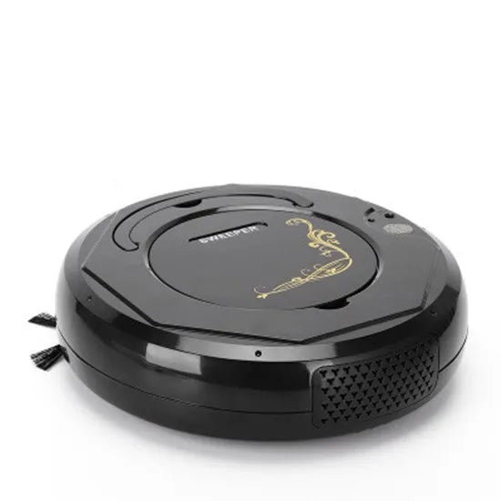Blue robotic floor vacuum cleaner with dust box on hard wooden flooring