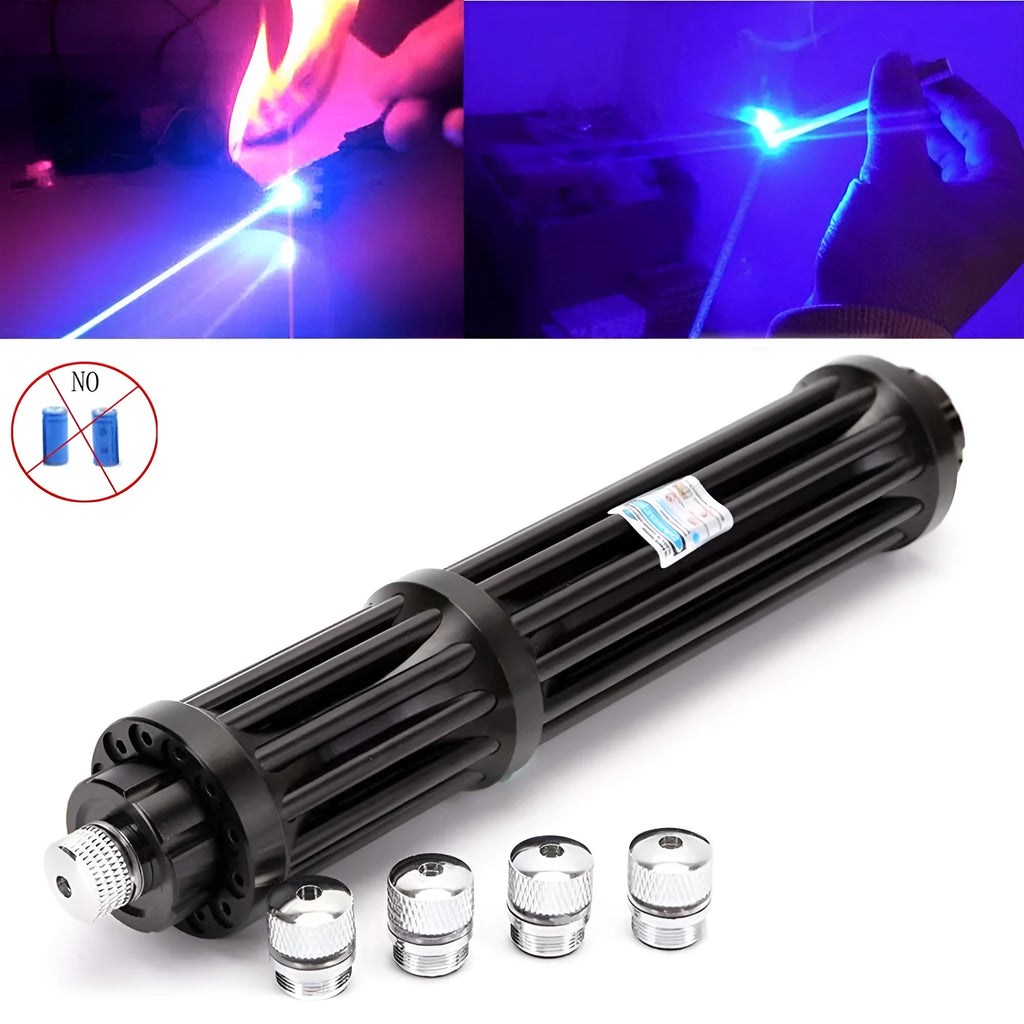 Black anodised aluminium blue laser flashlight with tail switch, shown next to an 18650 battery.