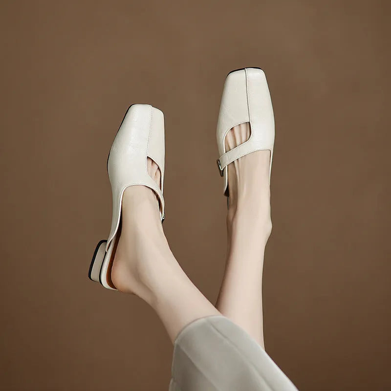 British style square toe low heel outdoor slippers in black, beige and silver colours.