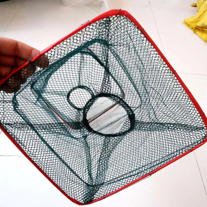 Two-hole folding nylon lobster basket with red plastic pipe structure for lobster catching