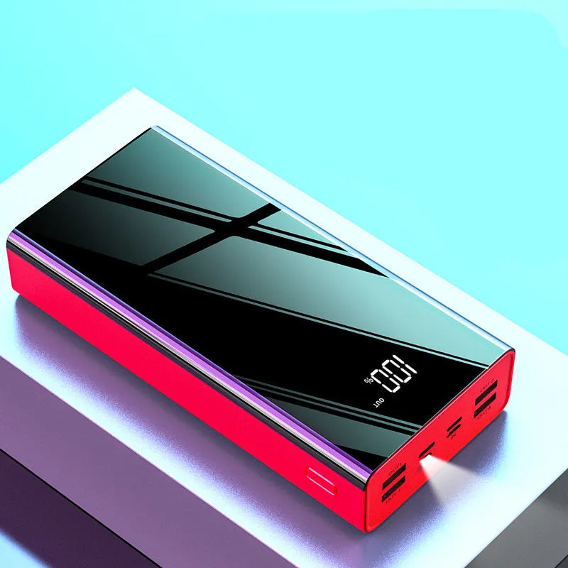 Large 40000mAh red power bank with LCD screen showing battery percentage.
