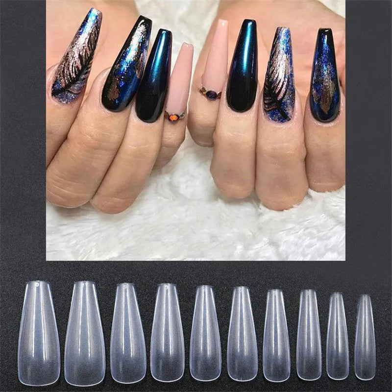 500 transparent natural ballet false nails in ABS material with 10 sizes on a light background