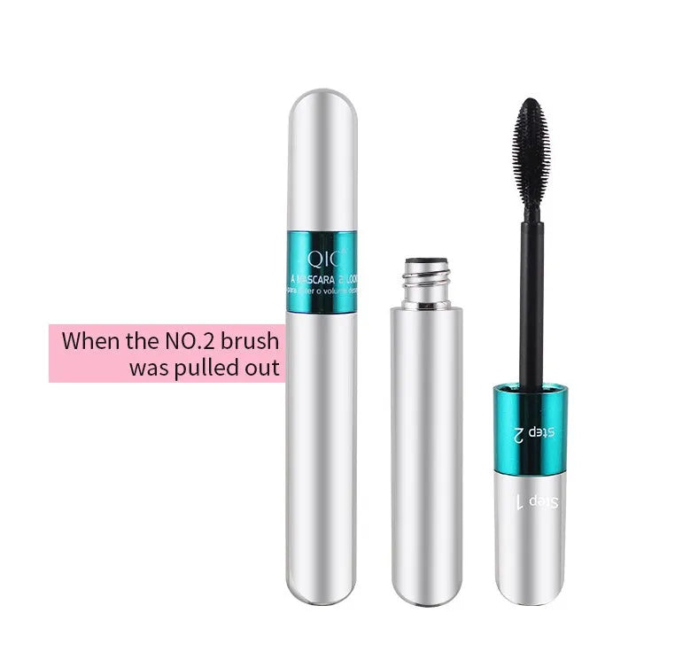 Two-in-one double mascara in silver packaging, volumising and lengthening formula, waterproof and smudge-resistant