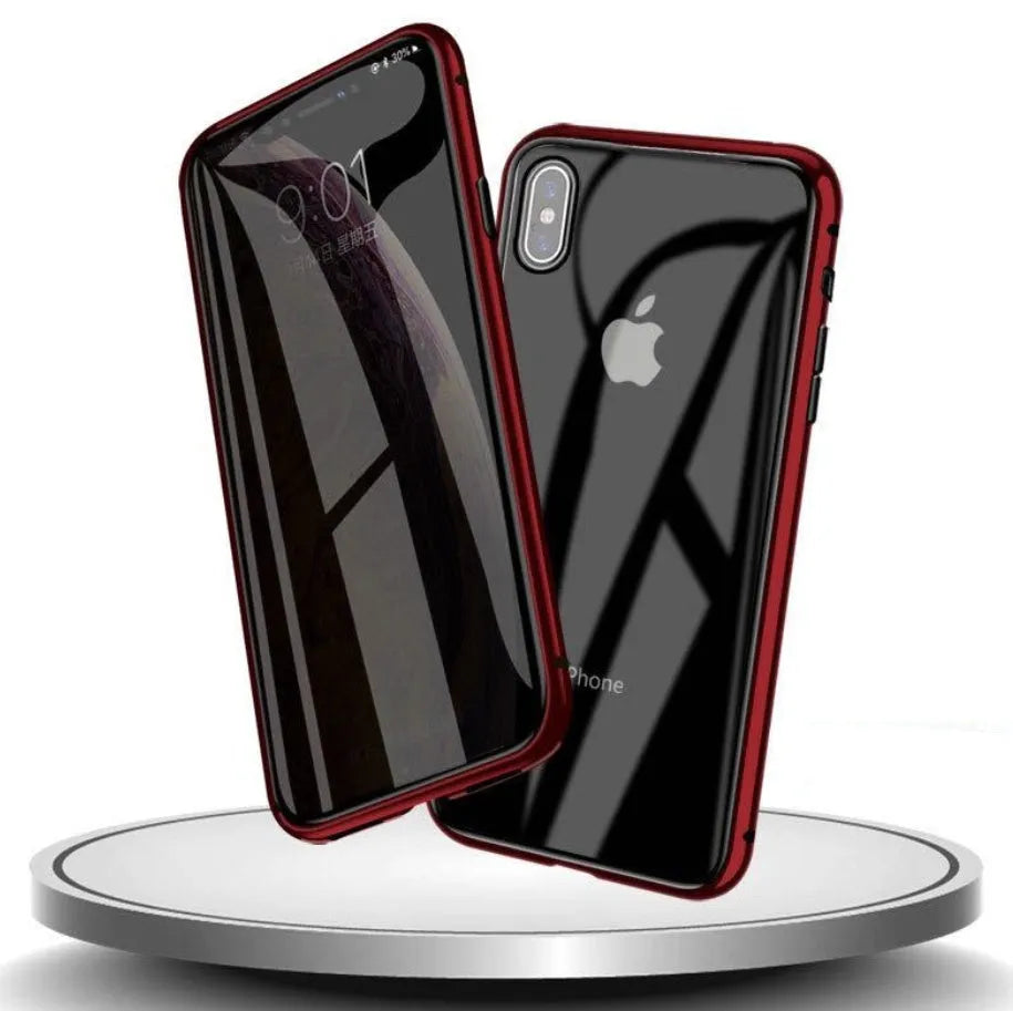 Glass anti-spy clamshell phone case for iPhone in multiple colours showing geometric pattern.