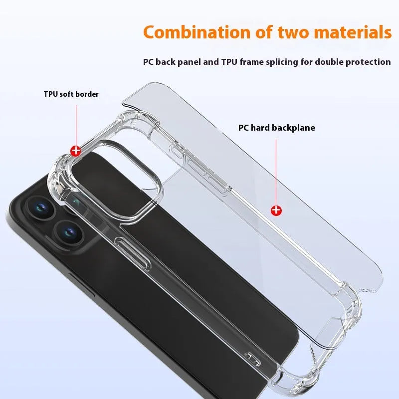 Transparent anti-fingerprint phone case for iPhone 15 with airbag corners on a white background
