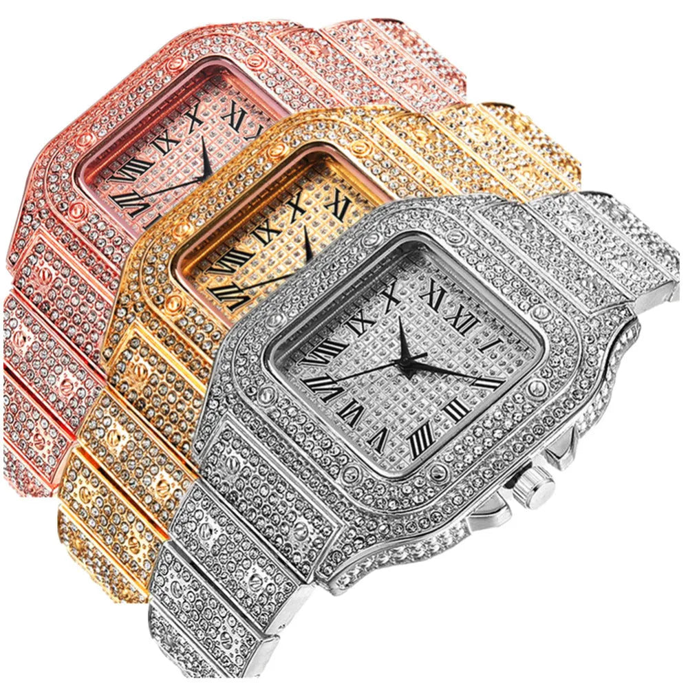 Gold, rose gold, and silver Roman numeral quartz watch sets with square diamond dials and mesh bands.