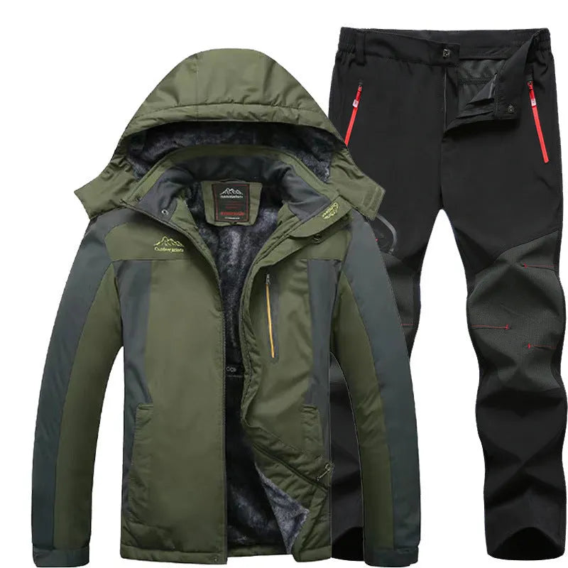 Men's outdoor windproof jacket set with pants in black and army green colour blocking, polyester fabric, for hiking and camping.