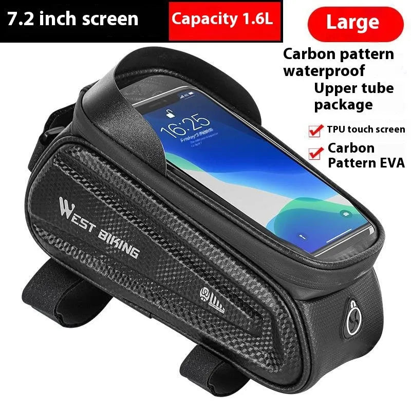 Black EVA bicycle saddle bag for touch screen phone storage, 1.6L capacity