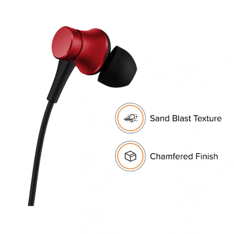 Piston style in-ear wired headphones with 3.5mm plug in black, blue, and red colour options.