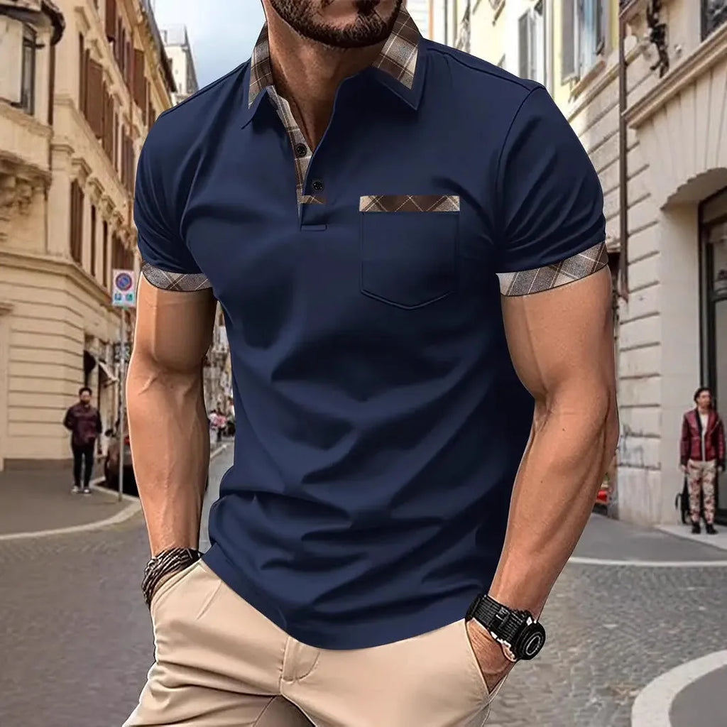 Men's plaid colourblock t-shirt with zipper decorations on short sleeves