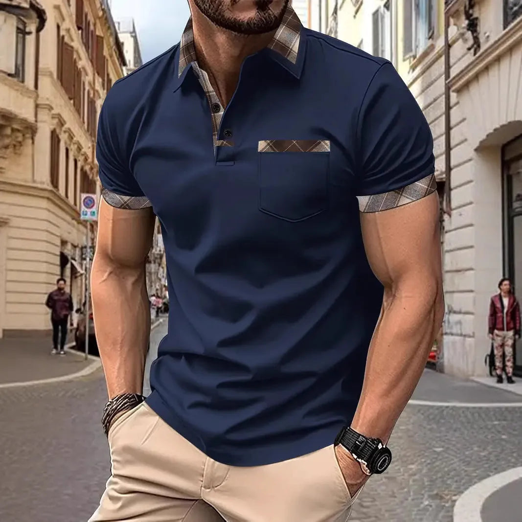 Men's plaid colourblock t-shirt with zipper decorations on short sleeves