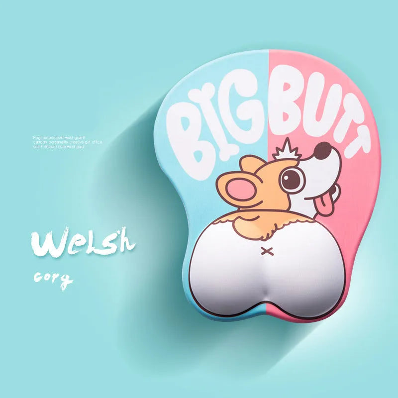 3D corgi-shaped mouse pad with raised wrist support cushion on a desk