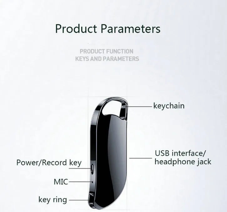 Metal keychain digital voice recorder in black on plain background showing USB port and controls