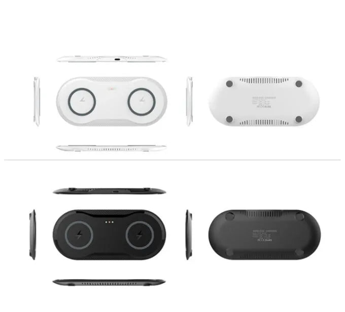 Black dual wireless charging pad charging two smartphones simultaneously with Type-C cable
