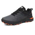 Men's black outdoor running shoes with breathable mesh upper and lace-up design, shown on a white background.