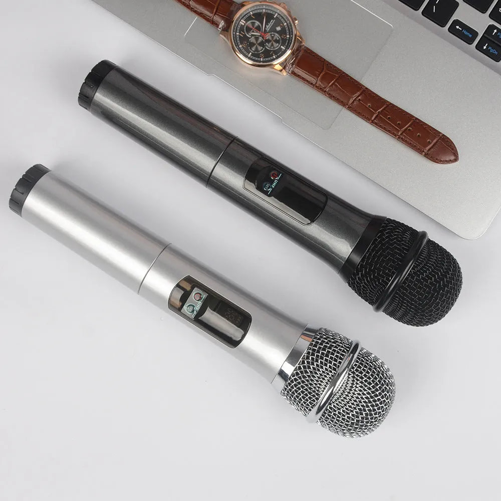 Ane For Two K18U wireless microphone system with two handheld dynamic microphones in silver black and silver white, receiver, and cables