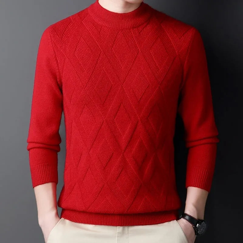 Men's plus size diamond jacquard pullover sweater in light camel colour for winter.
