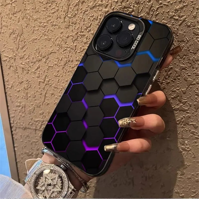Frosted black iPhone case with honeycomb square pattern on the back.